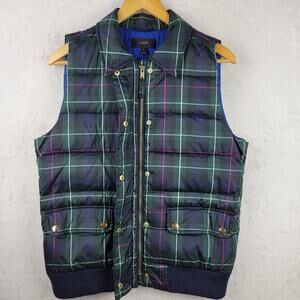 J Crew Puffer Vest Jacket M Zip Snap Button Pockets Green Blue Plaid Preppy